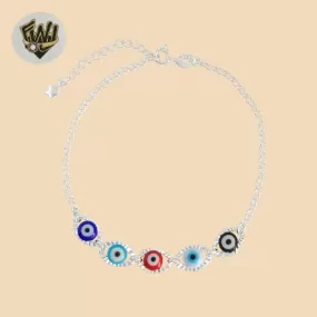 (2-0373-1) 925 Sterling Silver - 2mm Rolo Link Multicolor Eye Bracelet.