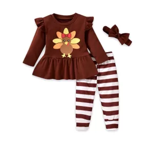 2 Pieces Set Baby Girls Thanksgiving Cartoon Tops And Striped Pants