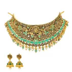 22K Antique Gold Choker Set with Emeralds & Pearls (90.4 grams)