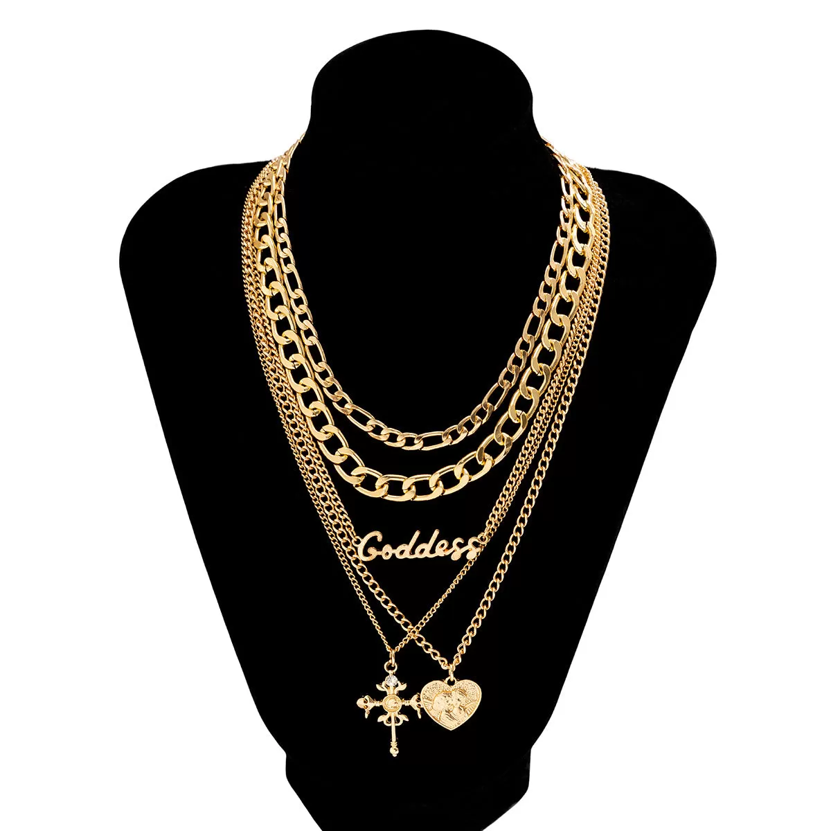 5 Pcs Vintage Stackable Necklace Heart & Cross Shape Pendant Adjustable Necklace Hip Hop Jewelry Set