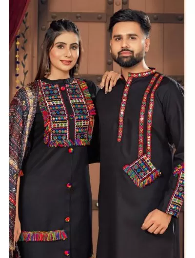 Black Navratri Black Kurta Pajama for Men & Kurti Pant and Dupatta for Women