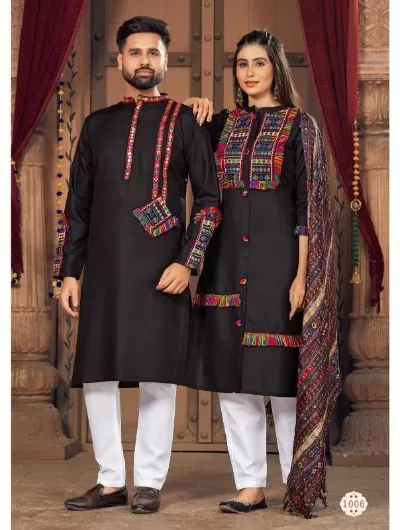 Black Navratri Black Kurta Pajama for Men & Kurti Pant and Dupatta for Women