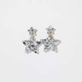 Double Star Dangle Earrings - Silver Glitter