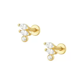 Exquisite Three CZ Diamonds Flat Back Earrings