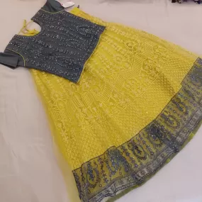 Gorgeous Yellow And Grey Teen Kids Lehanga Choli With Dupatta And Shrug