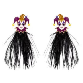 Mardi Gras Glittered Jester Pierrot Feather Earrings