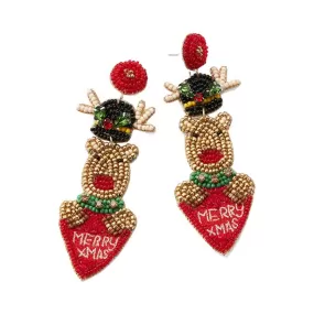 Merry Xmas Message Seed Beaded Rudolph Heart Dangle Earrings