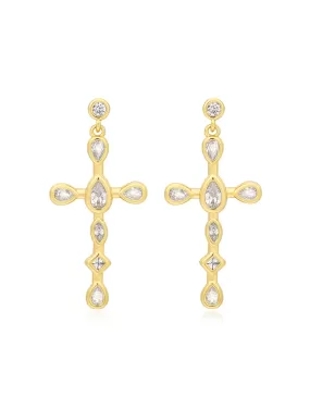 Mini Bezel Stone Cross Studs- Gold