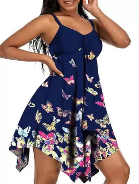 Stylish Plus Size Animal Butterfly Navy Blue Swim Dress